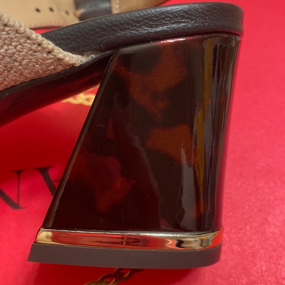 VANELI Bamba Natural Canvas Animal Print Detail Gold Trim Heel Size 7.5 Med NEW - Picture 12 of 16